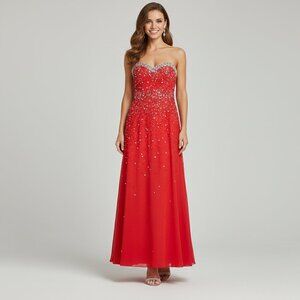 Elaborate Strapless Beaded Bodice Red Long Maxi‎  Gown Dress